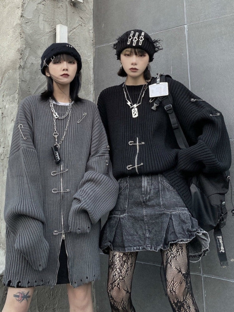 Knit Clip Zipper Oversized Sweater