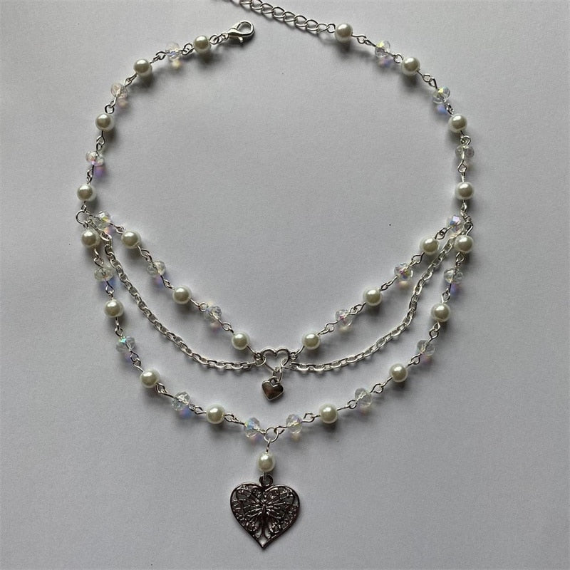 Pearls Butterfly Heart Choker