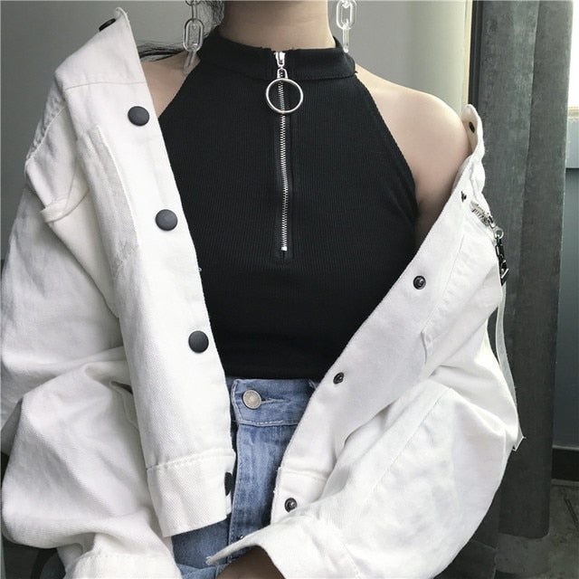 Knitted Zipper Sleeveless Crop Top