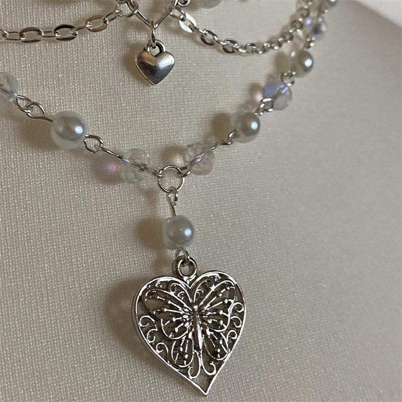 Pearls Butterfly Heart Choker