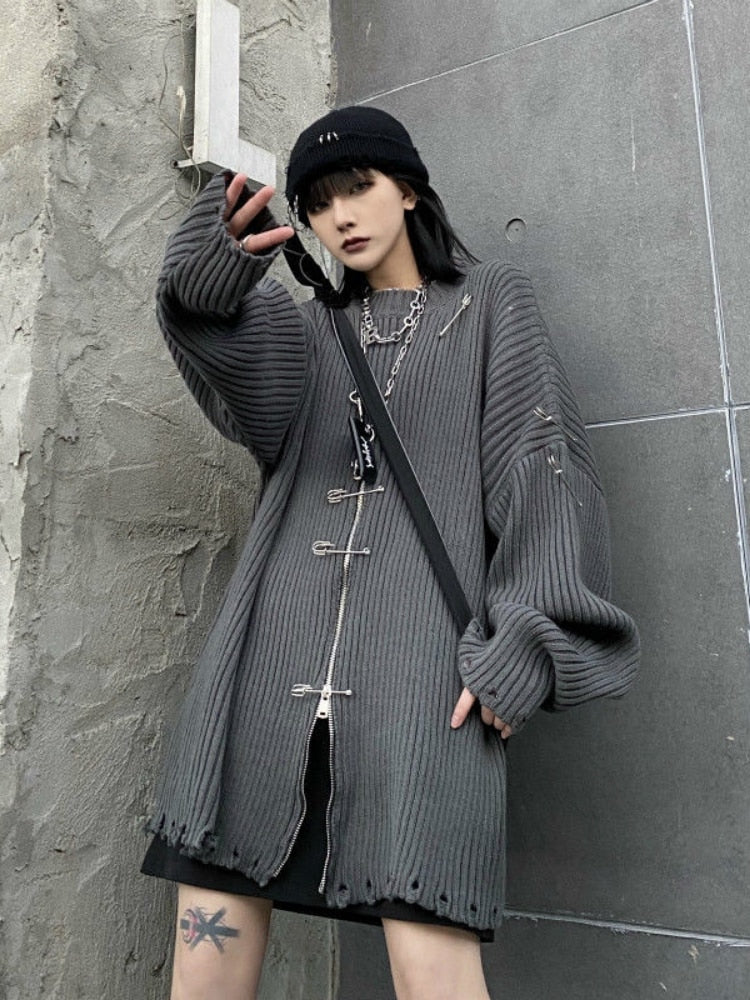 Knit Clip Zipper Oversized Sweater
