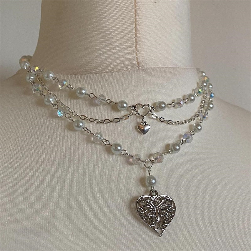 Pearls Butterfly Heart Choker