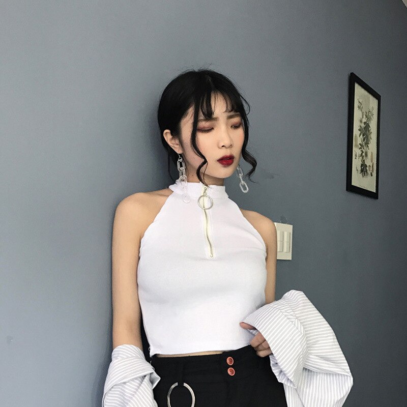 Knitted Zipper Sleeveless Crop Top