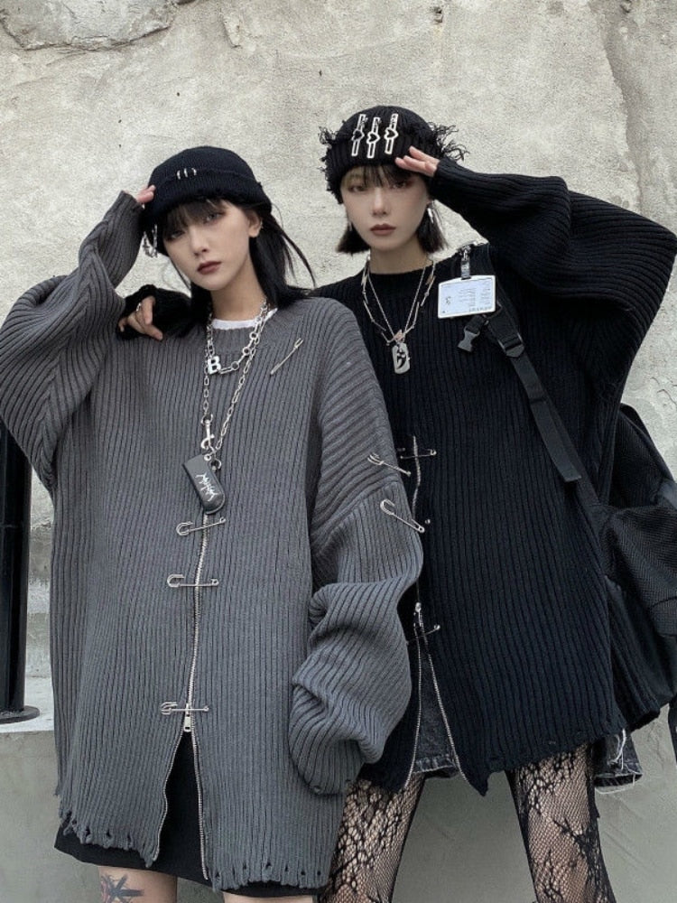 Knit Clip Zipper Oversized Sweater