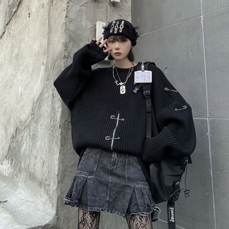 Knit Clip Zipper Oversized Sweater
