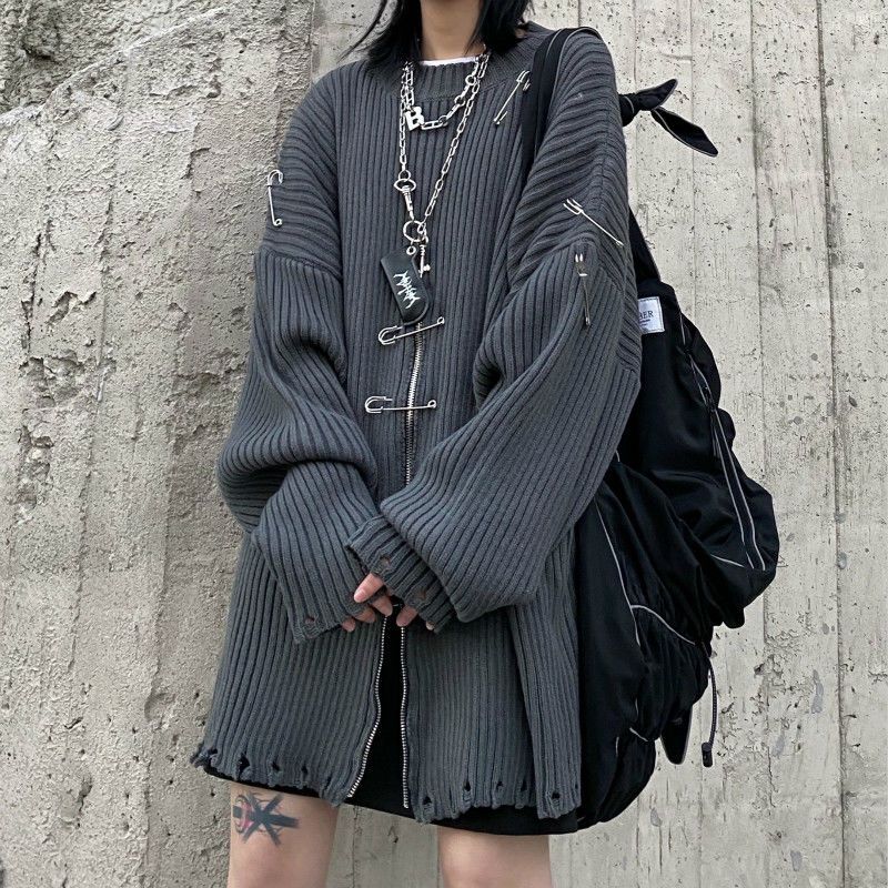 Knit Clip Zipper Oversized Sweater