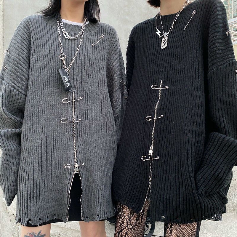 Knit Clip Zipper Oversized Sweater