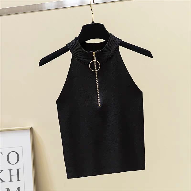 Knitted Zipper Sleeveless Crop Top