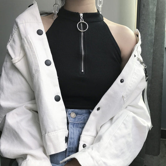Knitted Zipper Sleeveless Crop Top