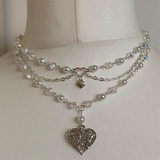 Pearls Butterfly Heart Choker