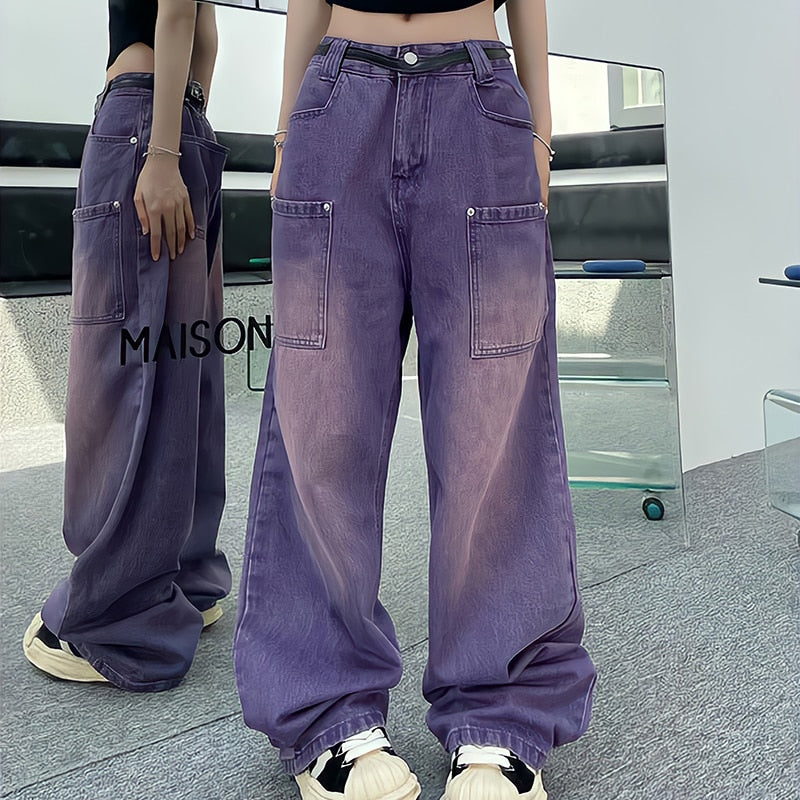 Purple Washed Color Baggy Jeans