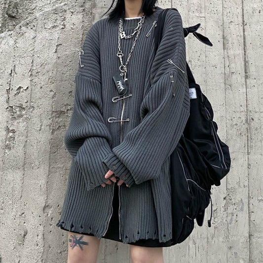 Knit Clip Zipper Oversized Sweater