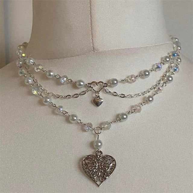 Pearls Butterfly Heart Choker