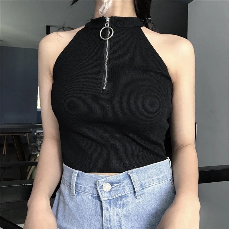 Knitted Zipper Sleeveless Crop Top