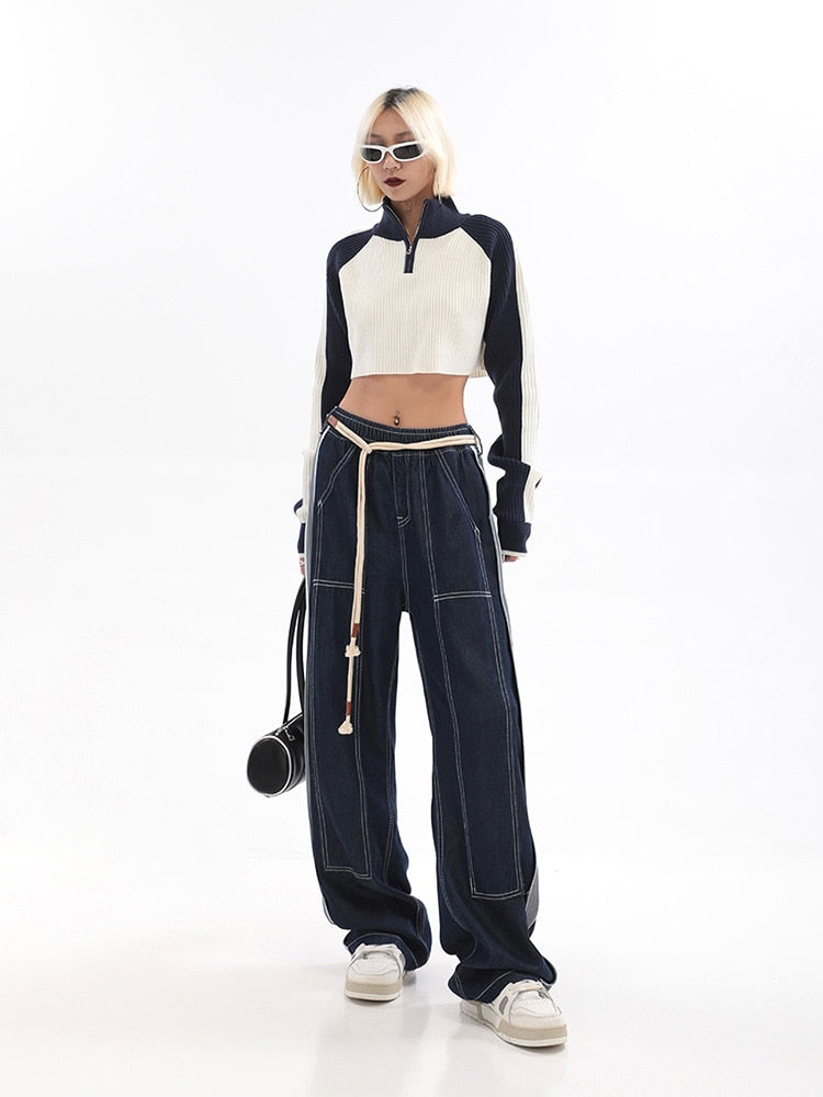 Wide Leg Denim Track Pants