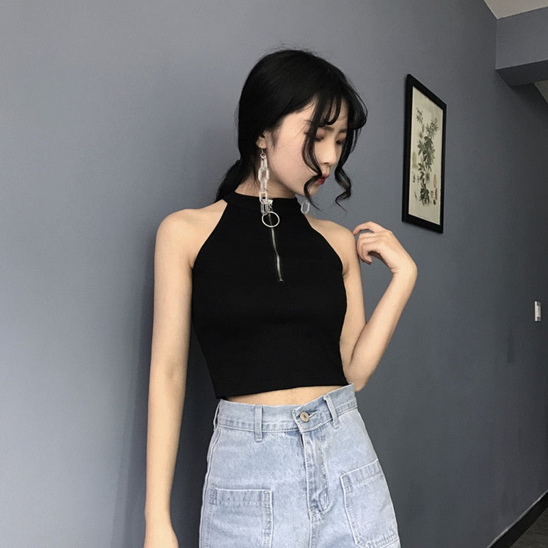 Knitted Zipper Sleeveless Crop Top