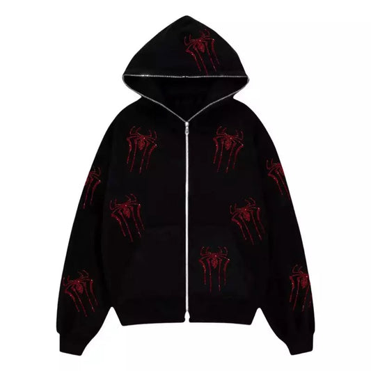 Red Spider Rhinestone Zip-Up Hoodie