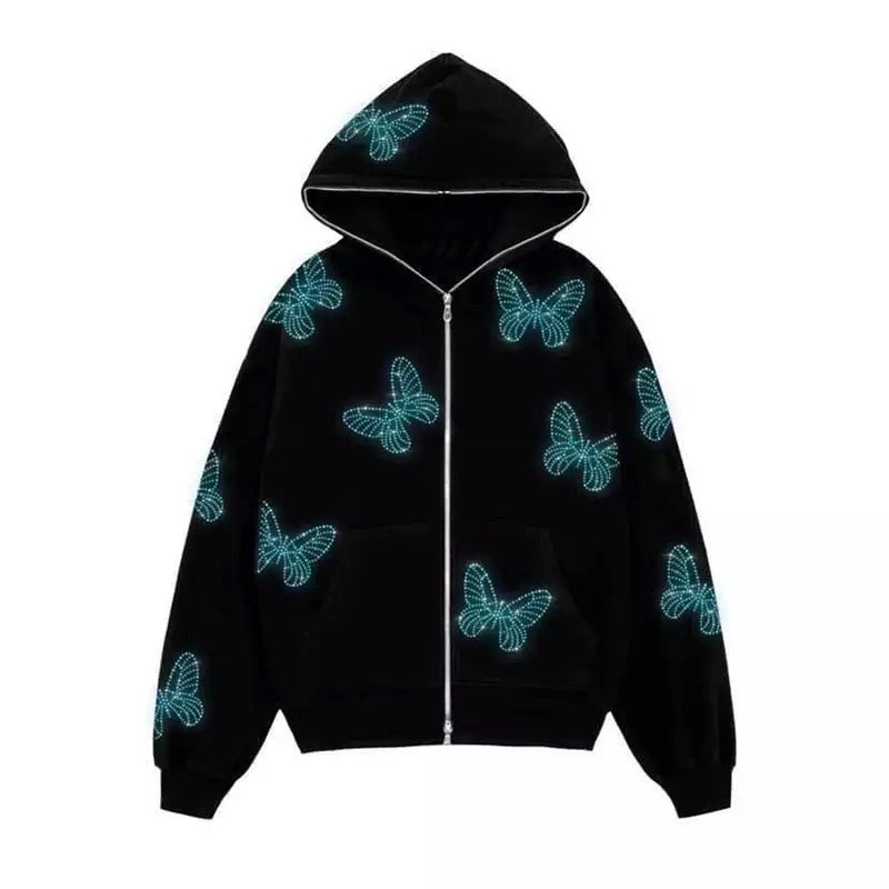 Blue Butterfly Rhinestone Zip-Up Hoodie