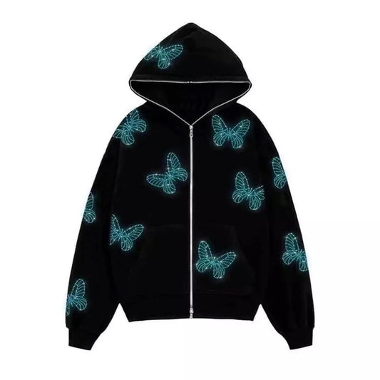 Blue Butterfly Rhinestone Zip-Up Hoodie